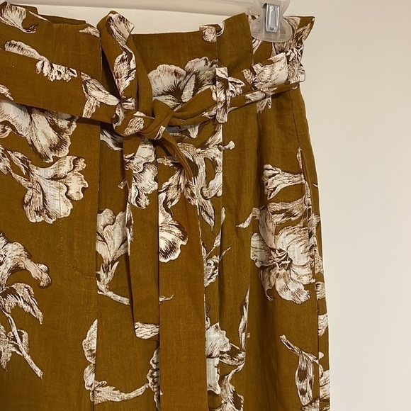 ZARA Paper Bag Waist Floral Pants Medium Tie Mustard Yellow Linen Straight - Picture 6 of 14